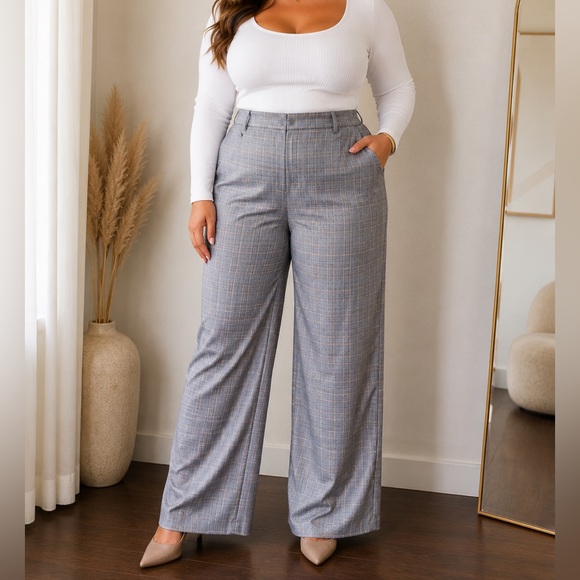LOFT Pants - LOFT Curvy Plaid Wide Leg Pants Gray Pink Size 14